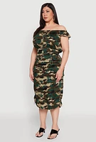 Womens Plus Size Camouflage Off the Shoulder Top and Cargo Skirt, Green, Size 1X