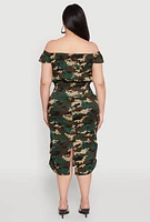 Womens Plus Size Camouflage Off the Shoulder Top and Cargo Skirt, Green, Size 1X