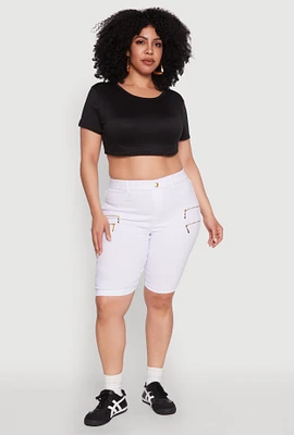 Womens Plus Size Zipper Detail Bermuda Shorts, White, Size 1X