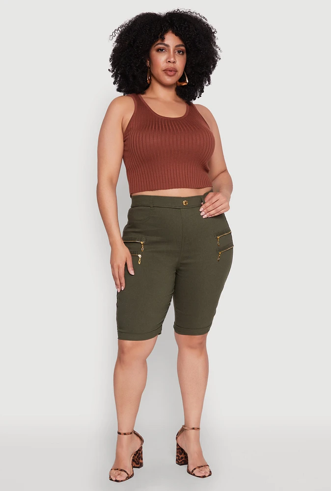 Womens Plus Size Zipper Detail Bermuda Shorts, Green, Size 2X