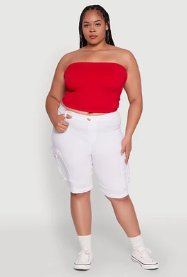 Womens Plus Size Trendy High Waisted Bermuda Shorts with Cargo Pockets, White, Size 2X