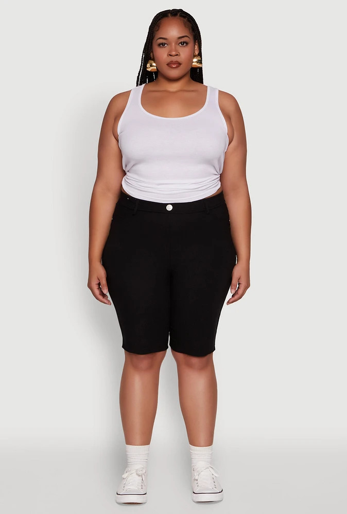 Womens Plus Size Hyperstretch High Waisted Bermuda Shorts with Faux Button, Black, Size 1X