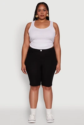 Womens Plus Size Hyperstretch High Waisted Bermuda Shorts with Faux Button, Black, Size 1X
