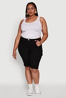 Womens Plus Size Hyperstretch High Waisted Bermuda Shorts with Faux Button, Black, Size 1X