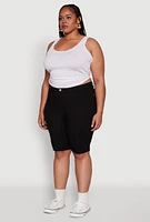 Womens Plus Size Hyperstretch High Waisted Bermuda Shorts with Faux Button, Black, Size 1X