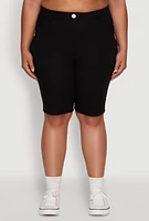 Womens Plus Size Hyperstretch High Waisted Bermuda Shorts with Faux Button, Black, Size 1X