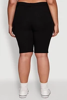 Womens Plus Size Hyperstretch High Waisted Bermuda Shorts with Faux Button, Black, Size 1X