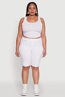 Womens Plus Size Hyperstretch High Waisted Bermuda Shorts with Faux Button, White, Size 3X