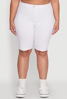 Womens Plus Size Hyperstretch High Waisted Bermuda Shorts with Faux Button, White, Size 3X