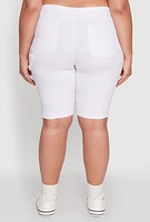 Womens Plus Size Hyperstretch High Waisted Bermuda Shorts with Faux Button, White, Size 3X