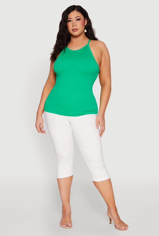 Womens Plus Seamless Ribbed Rhinestone Trim Cami, Green,