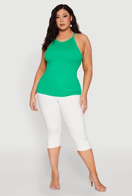 Womens Plus Seamless Ribbed Rhinestone Trim Cami, Green,
