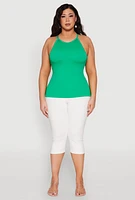 Womens Plus Seamless Ribbed Rhinestone Trim Cami, Green,
