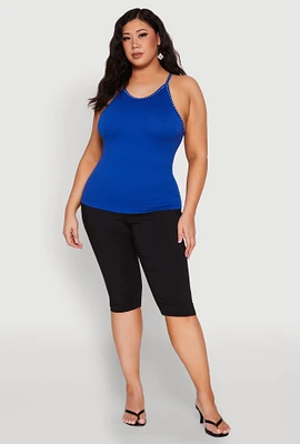 Womens Plus Seamless Ribbed Rhinestone Trim Cami, 1X-2X