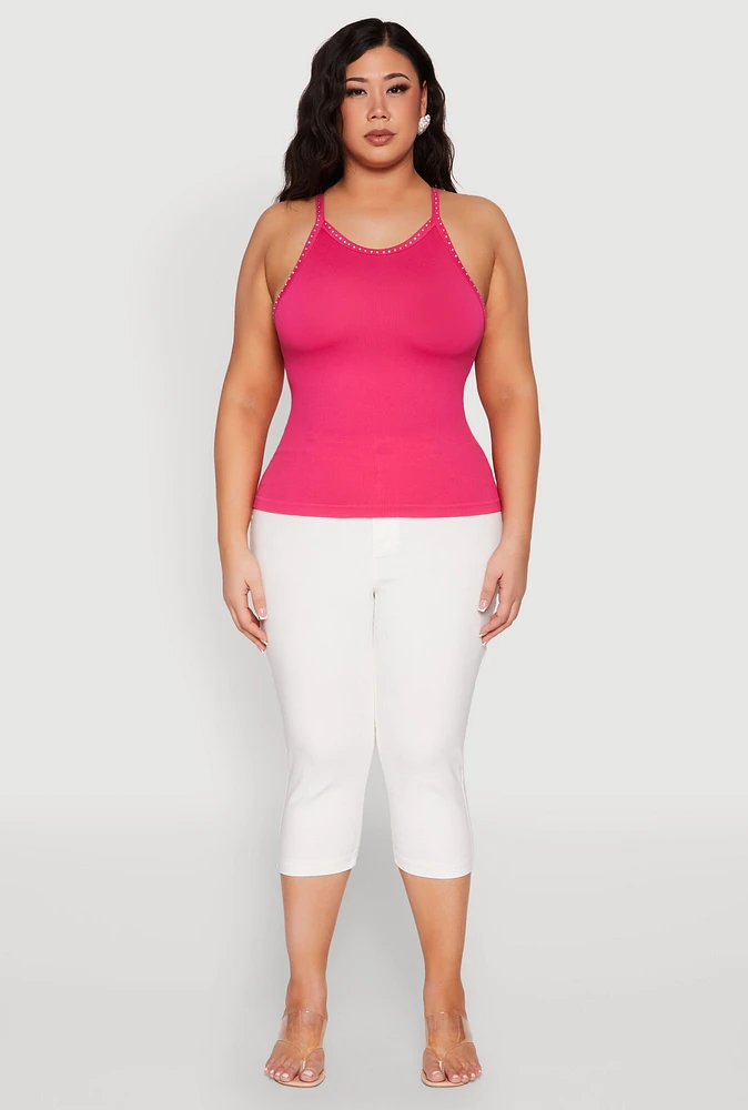 Womens Plus Size Seamless Ribbed Rhinestone Trim Cami, Pink, Size 1X-2X