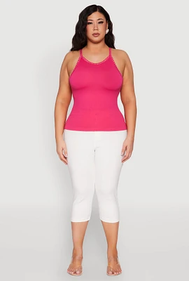 Womens Plus Size Seamless Ribbed Rhinestone Trim Cami, Pink, Size 1X-2X