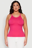 Womens Plus Size Seamless Ribbed Rhinestone Trim Cami, Pink, Size 1X-2X