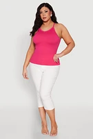 Womens Plus Size Seamless Ribbed Rhinestone Trim Cami, Pink, Size 1X-2X