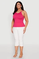 Womens Plus Size Seamless Ribbed Rhinestone Trim Cami, Pink, Size 1X-2X