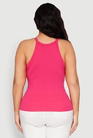 Womens Plus Size Seamless Ribbed Rhinestone Trim Cami, Pink, Size 1X-2X
