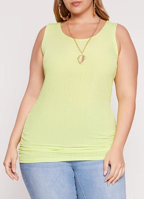 Womens Plus Size Rib Knit Ruched Tank Top with Necklace, Green, Size 2X