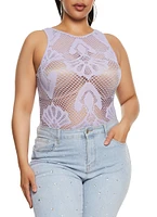 Womens Plus Size Seamless Fishnet Patterned Bodysuit, Purple, Size 1X-2X