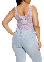 Womens Plus Size Seamless Fishnet Patterned Bodysuit, Purple, Size 1X-2X