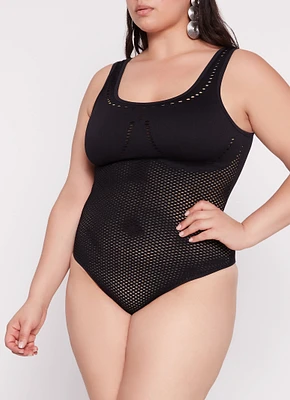 Womens Plus Size Seamless Ribbed Laser Cut Tank Bodysuit, Black, Size 2X-3X