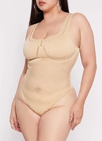 Womens Plus Size Seamless Ribbed Laser Cut Tank Bodysuit, Beige, Size 1X-2X