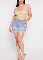 Womens Plus Size Seamless Ribbed Laser Cut Tank Bodysuit, Beige, Size 1X-2X
