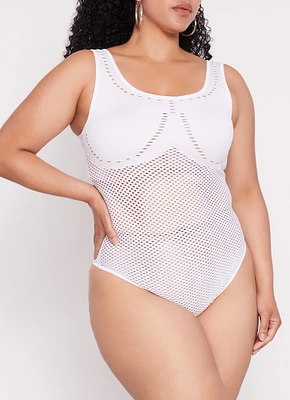 Womens Plus Size Seamless Ribbed Laser Cut Tank Bodysuit, White, Size 1X-2X