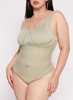 Womens Plus Size Seamless Ribbed Laser Cut Tank Bodysuit, Green, Size 1X-2X