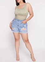 Womens Plus Size Seamless Ribbed Laser Cut Tank Bodysuit, Green, Size 1X-2X