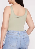 Womens Plus Size Seamless Ribbed Laser Cut Tank Bodysuit, Green, Size 1X-2X