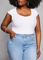 Womens Plus Size Crew Neck Cross Back Bodysuit, White, Size 1X-2X