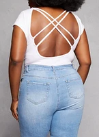 Womens Plus Size Crew Neck Cross Back Bodysuit, White, Size 1X-2X