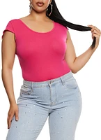 Womens Plus Size Crew Neck Cross Back Bodysuit, Pink, Size 2X-3X