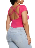 Womens Plus Size Crew Neck Cross Back Bodysuit, Pink, Size 2X-3X