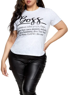 Womens Plus Size Boss Glitter High Low Graphic T Shirt, Grey, Size 2X