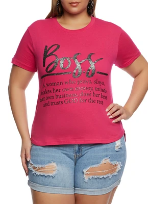 Womens Plus Size Boss Glitter High Low Graphic T Shirt, Pink, Size 1X