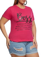 Womens Plus Size Boss Glitter High Low Graphic T Shirt, Pink, Size 1X