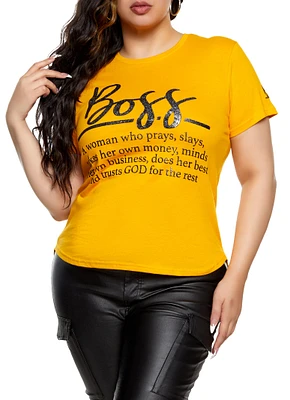 Womens Plus Size Boss Glitter High Low Graphic T Shirt, Yellow, Size 1X