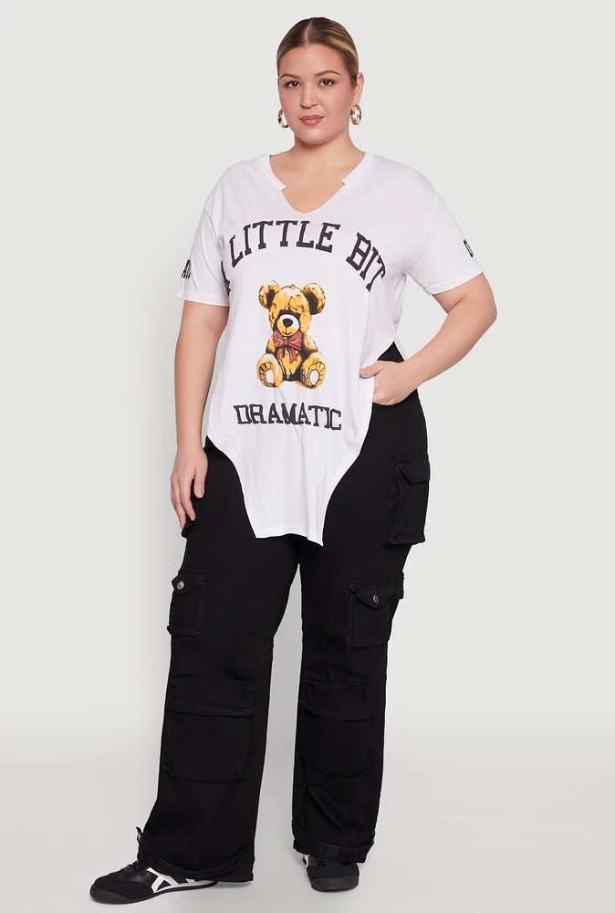 Womens Plus Size A Little Bit Dramatic Side Slit Graphic Tee, White, Size 2X