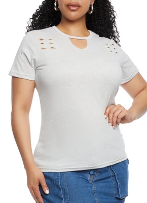 Womens Plus Size Basic Laser Cut T Shirt, Grey, Size 2X