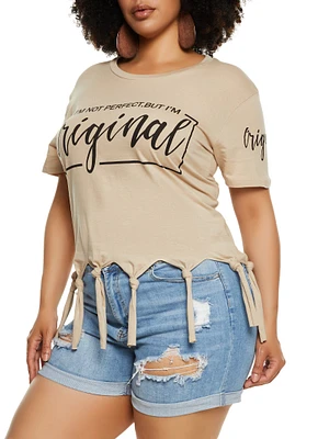 Womens Plus Size Im Not Perfect But Im Original Knot Fringe Tee, Beige, Size 1X