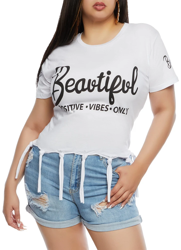 Womens Plus Size Beautiful Positive Vibes Only Knot Hem Graphic Tee, White, Size 2X