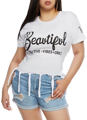 Womens Plus Size Beautiful Positive Vibes Only Knot Hem Graphic Tee, White, Size 2X