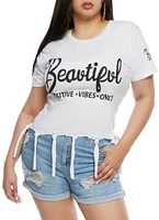 Womens Plus Size Beautiful Positive Vibes Only Knot Hem Graphic Tee, White, Size 2X