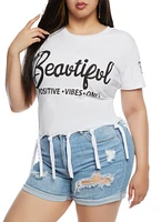 Womens Plus Size Beautiful Positive Vibes Only Knot Hem Graphic Tee, White, Size 2X