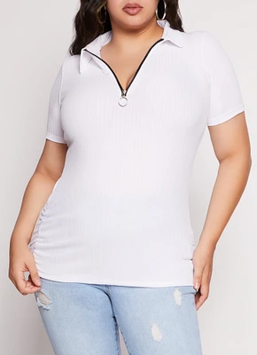 Womens Plus Size Ruched Half Zip Polo Shirt, White, Size 2X